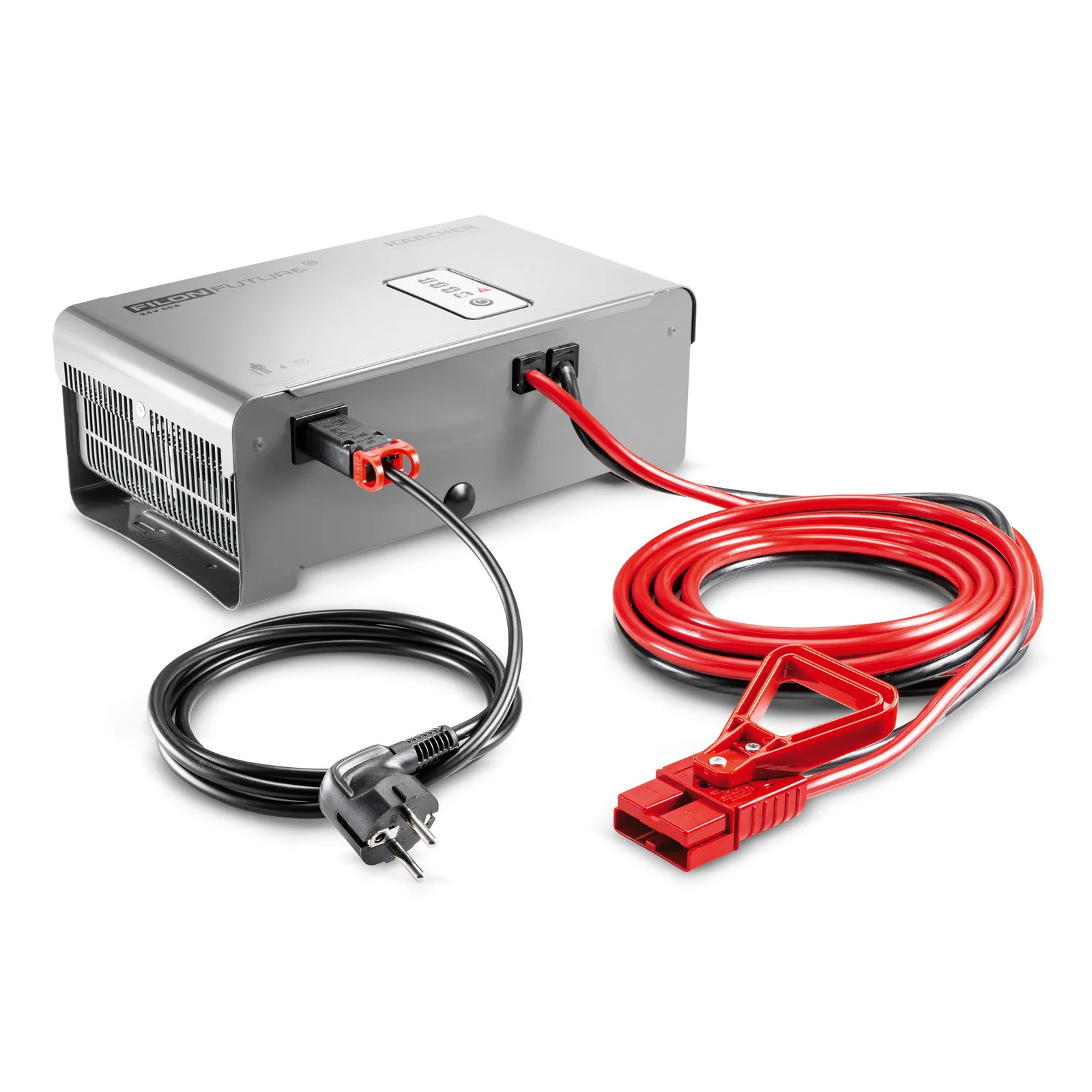 Silbernes Kärcher Ladegerät mit rotem und schwarzem Kabel, rotem Stecker und schwarzem Netzstecker auf weißem Hintergrund.