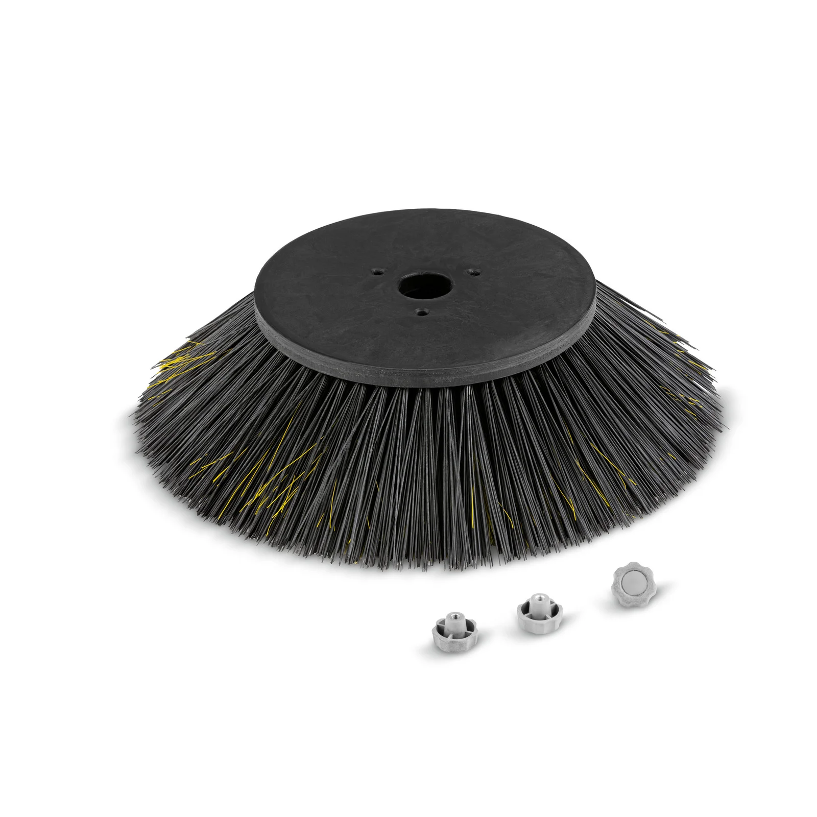 Runde Kehrmaschine-Bürste mit schwarzen und gelben Borsten, daneben zwei kleine Metallteile auf weißem Hintergrund.