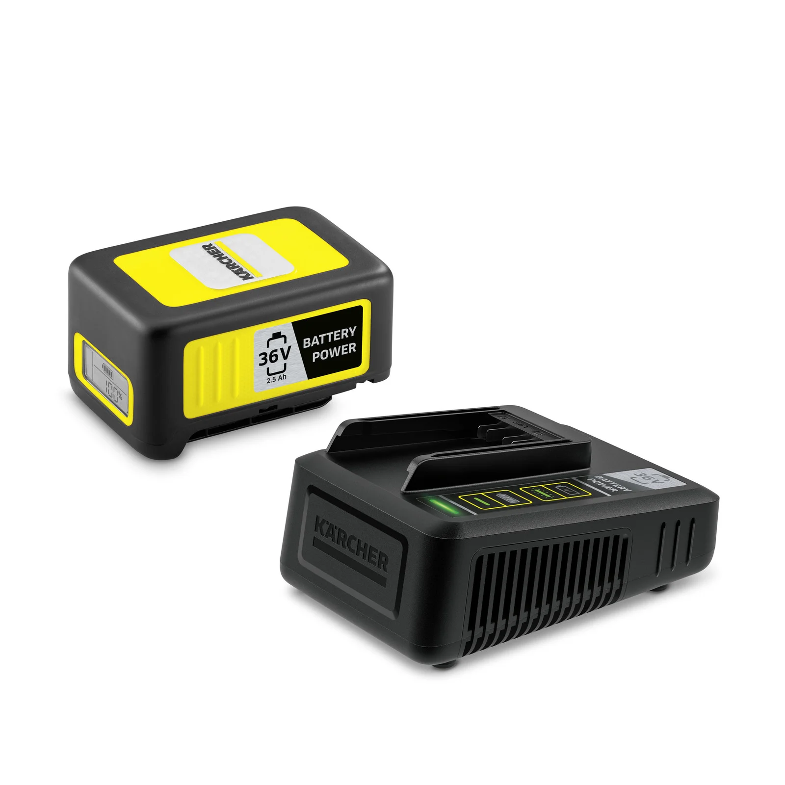Kärcher 36V Akku und Ladegerät, schwarz-gelb, auf weißem Hintergrund. Akku mit "Battery Power" Aufschrift.