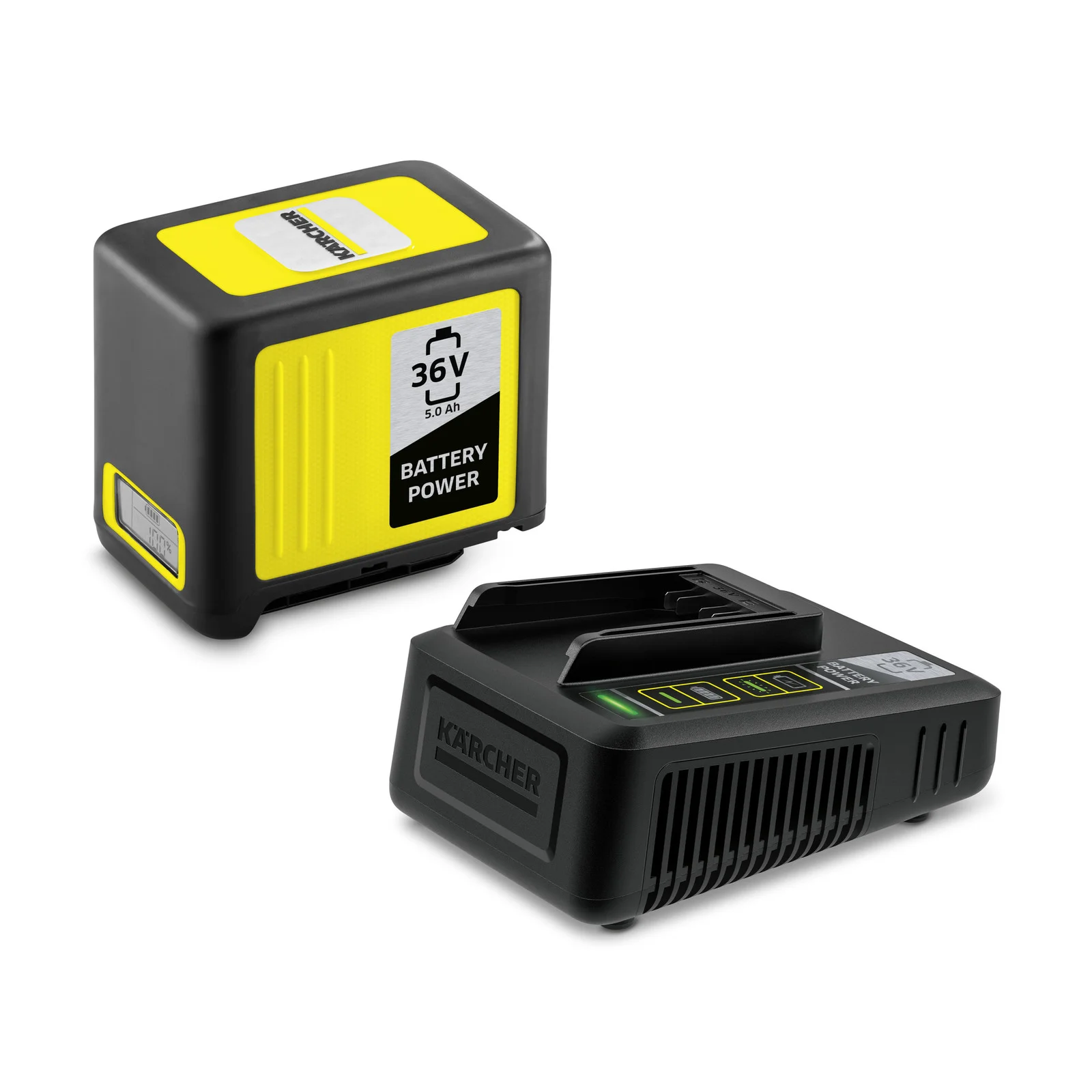 Kärcher 36V Akku und Ladegerät auf weißem Hintergrund. Akku mit gelbem Label, Ladegerät mit grüner LED-Anzeige.