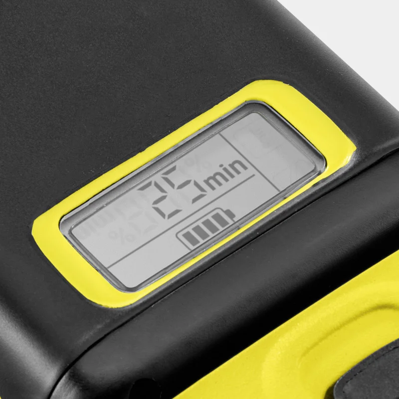 Nahaufnahme eines Displays mit gelbem Rahmen, zeigt 25 Minuten und Batteriestand an.