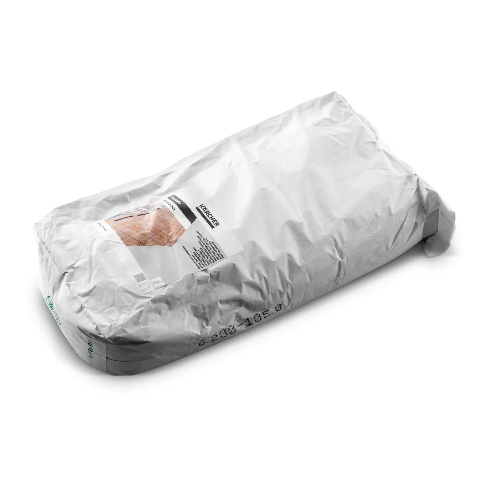 Großer weißer Sack mit Kärcher-Logo und Produktinformationen auf einem Etikett.