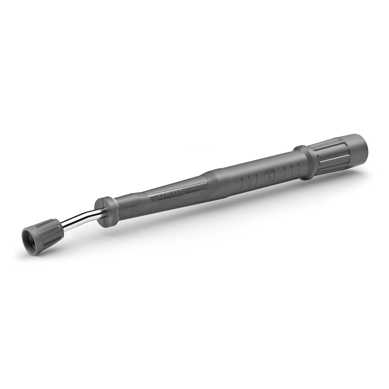 Graue Kärcher Hochdruckpistole mit ergonomischem Griff und Edelstahlrohr, auf weißem Hintergrund.