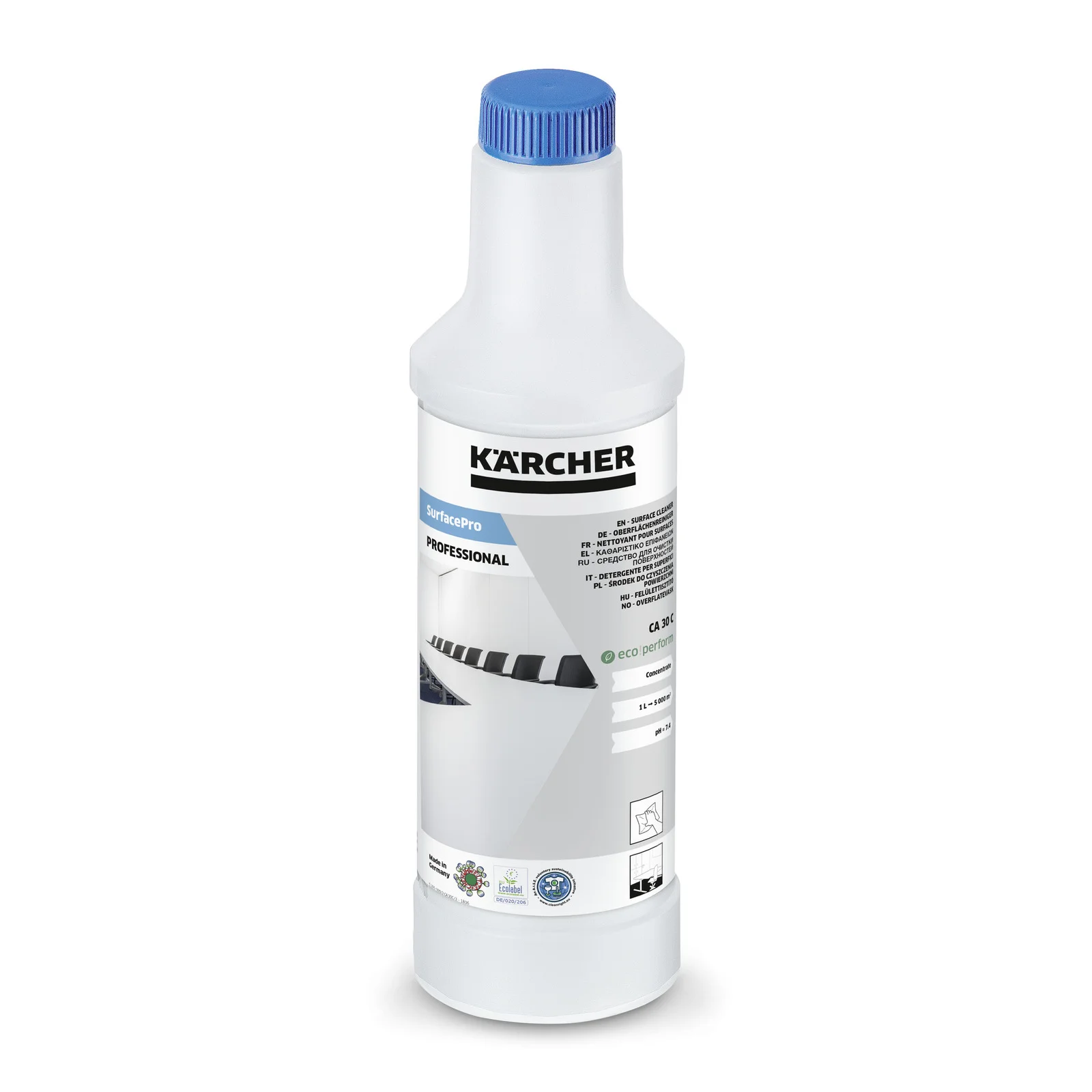 Kärcher SurfacePro Professional Reinigungsmittel in weißer Flasche mit blauem Deckel, Etikett mit Produktinformationen.