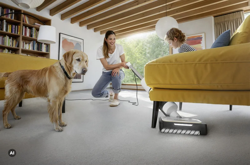 Eine Frau und ein Kind reinigen den Boden in einem Wohnzimmer mit einem Kärcher-Hartbodenreiniger, während ein Labrador-Hund daneben steht.