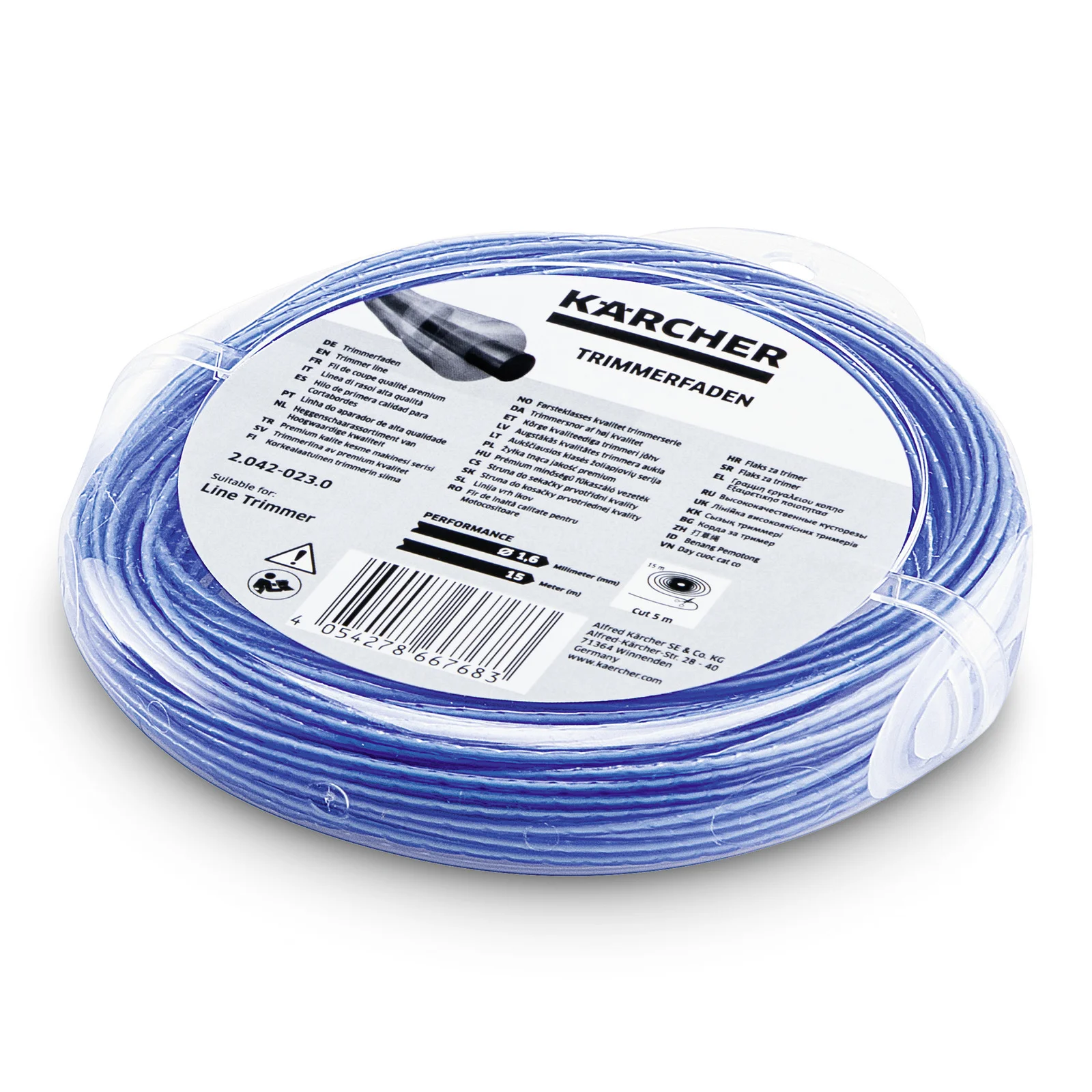 Kärcher Trimmerfaden, blau, in transparenter Verpackung mit Etikett und Barcode. Geeignet für Line Trimmer.