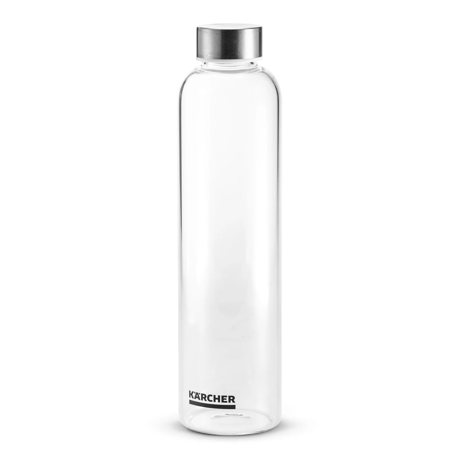 Transparente Kärcher Trinkflasche mit silbernem Schraubverschluss auf weißem Hintergrund.