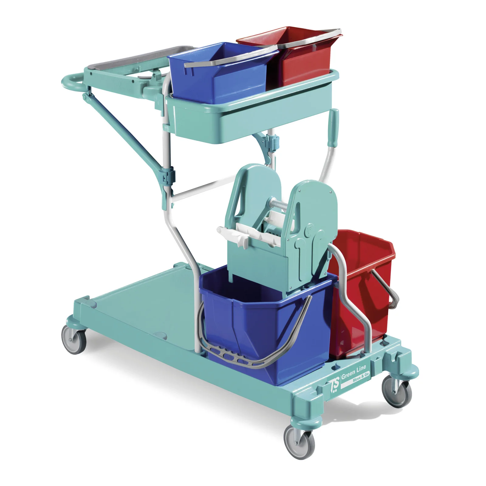 Reinigungswagen mit mehreren Eimern, darunter ein roter und ein blauer Eimer, sowie einem Mopp-Presseaufsatz auf Rollen.