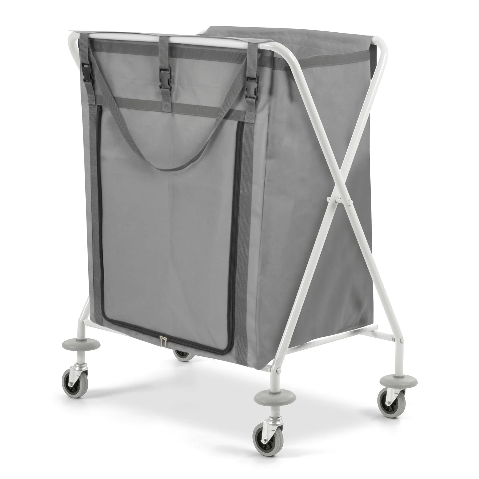 Grauer Wäschewagen mit weißem Metallrahmen und vier Rollen, seitliche Griffe und Klappmechanismus.
