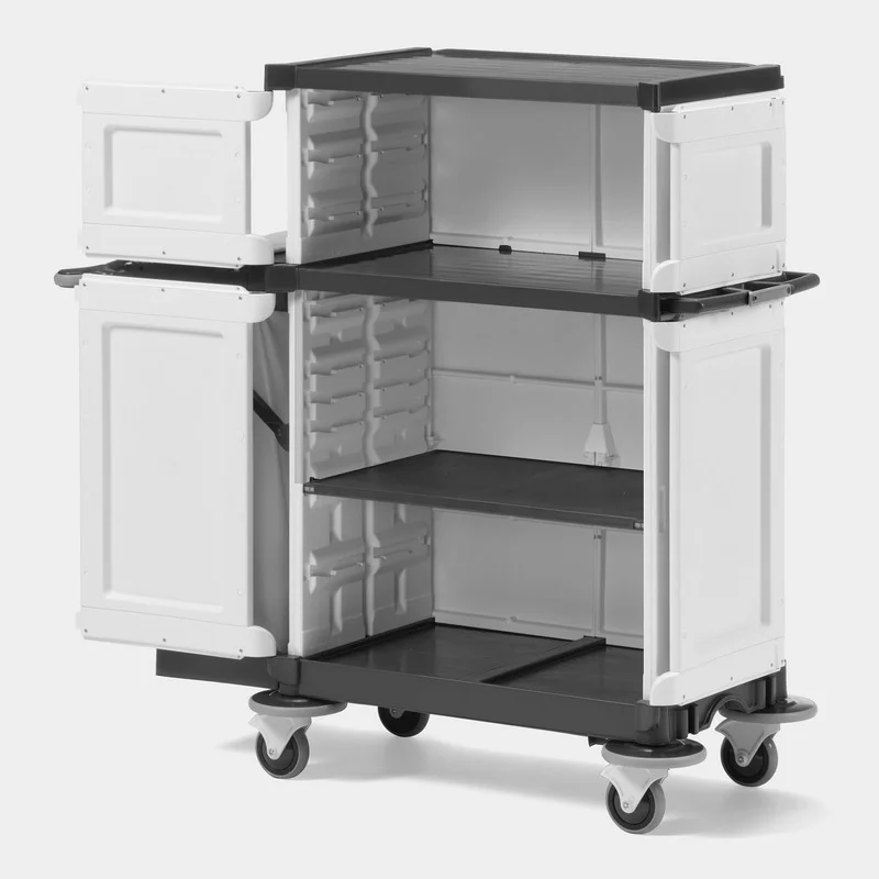 Weißer Kunststoffschrank auf Rollen mit zwei offenen Türen und zwei Regalböden, geeignet für Lagerung.