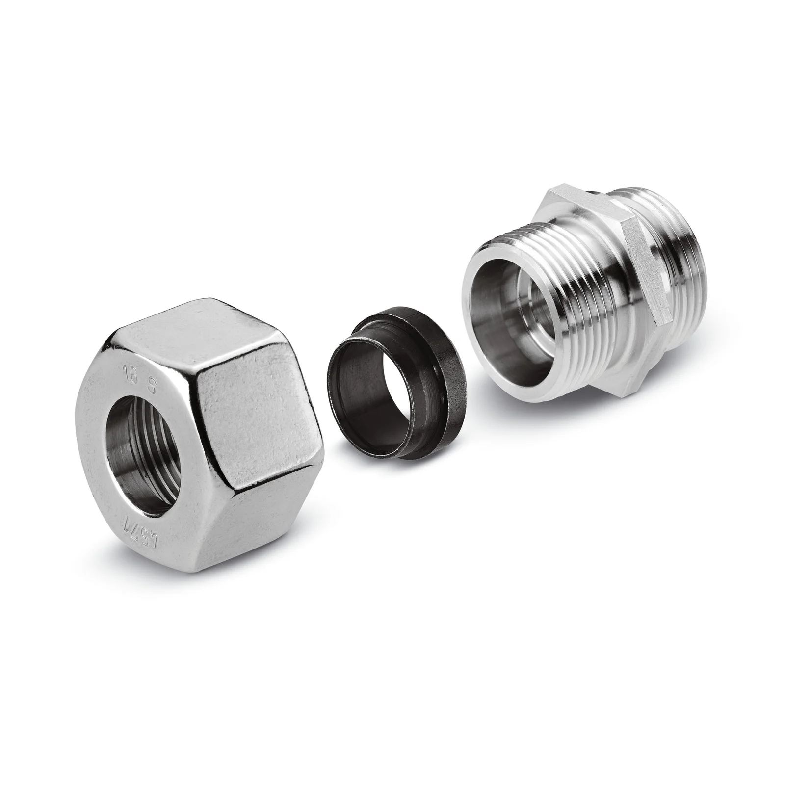 Drei Metallteile: eine sechskantige Mutter, ein schwarzer Ring und ein Gewindeadapter aus Edelstahl.