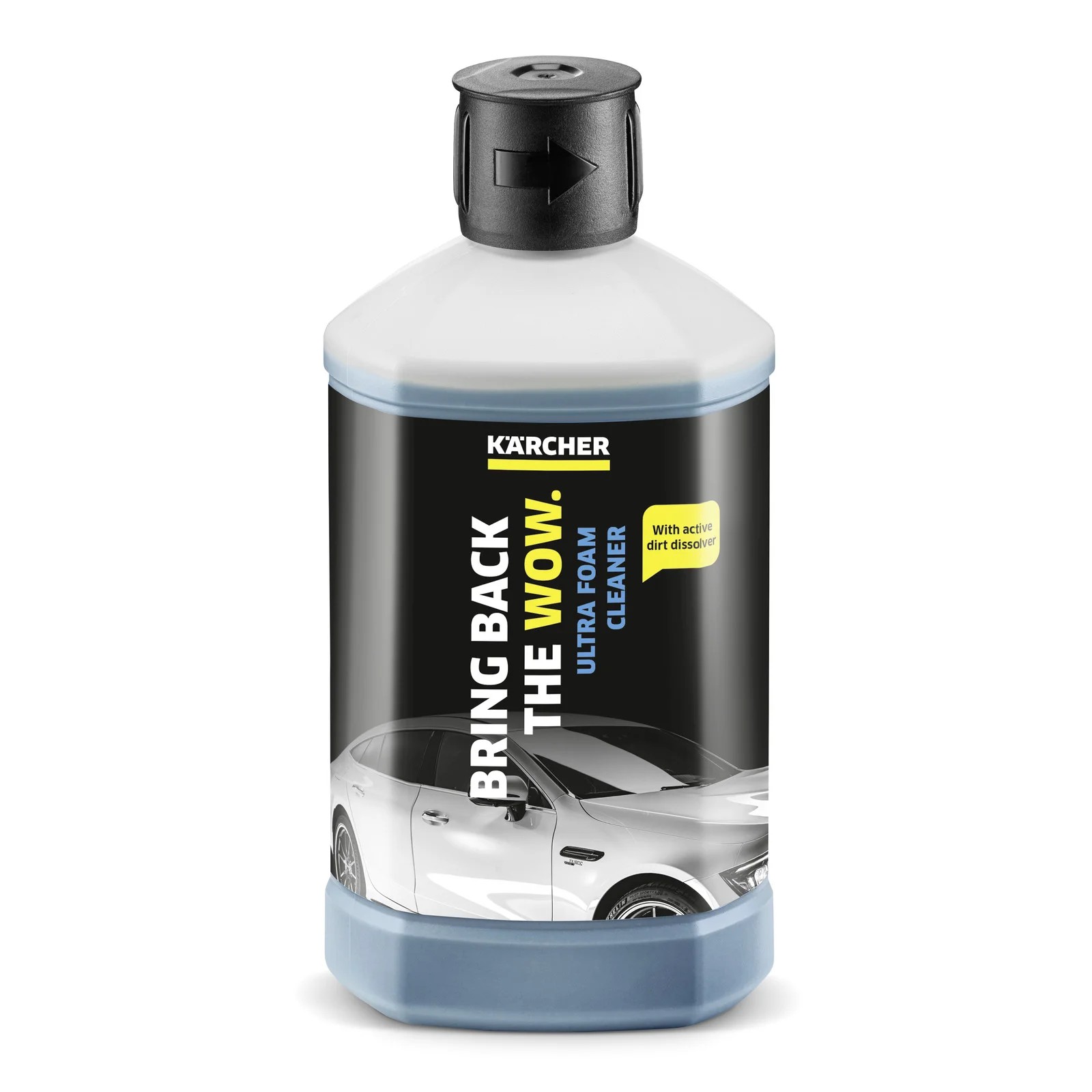 Kärcher Ultra Foam Cleaner Flasche mit schwarzem Etikett, Autoabbildung und Text "Bring Back the Wow".