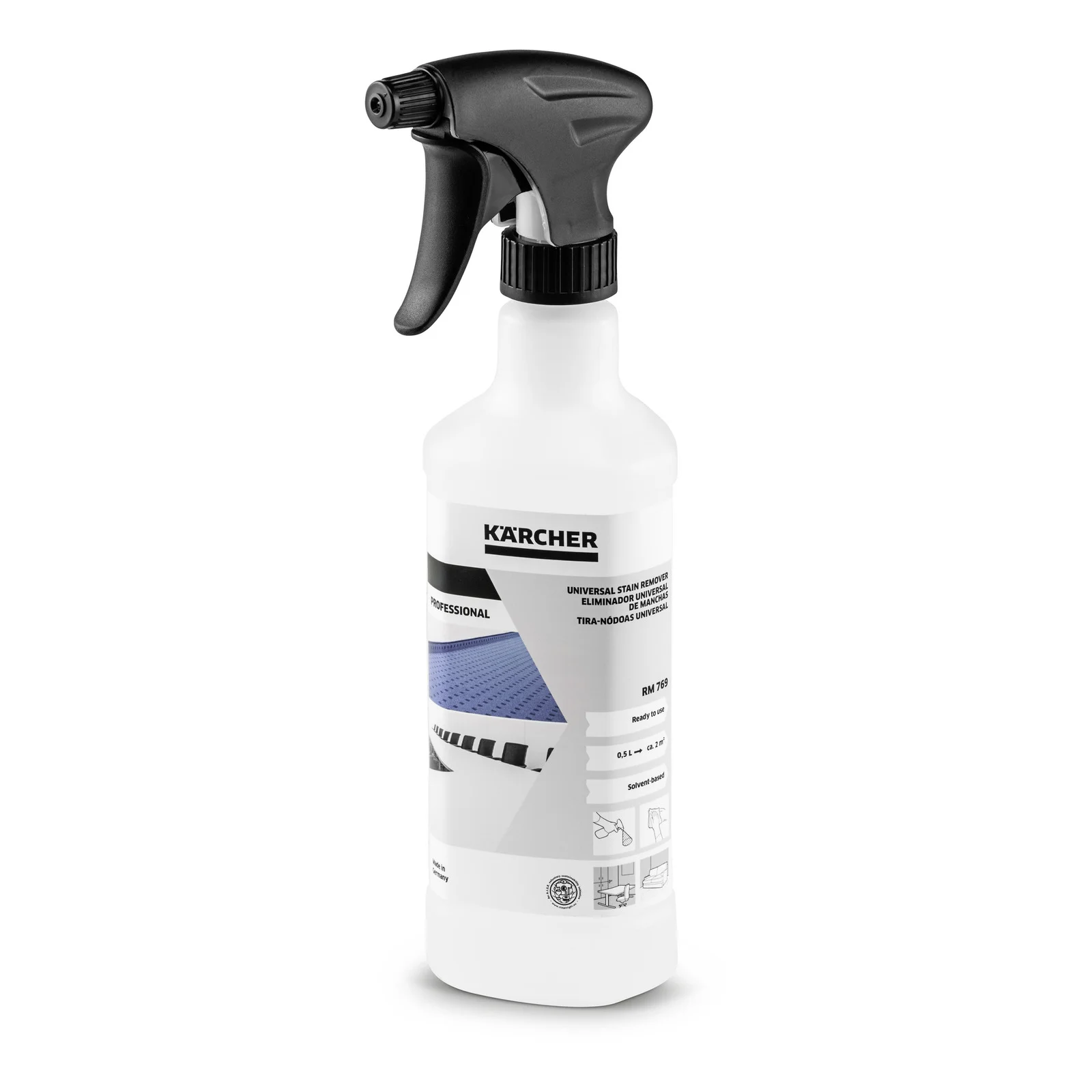 Kärcher Universal-Fleckenentferner in weißer Sprühflasche mit schwarzem Sprühkopf und Etikett.