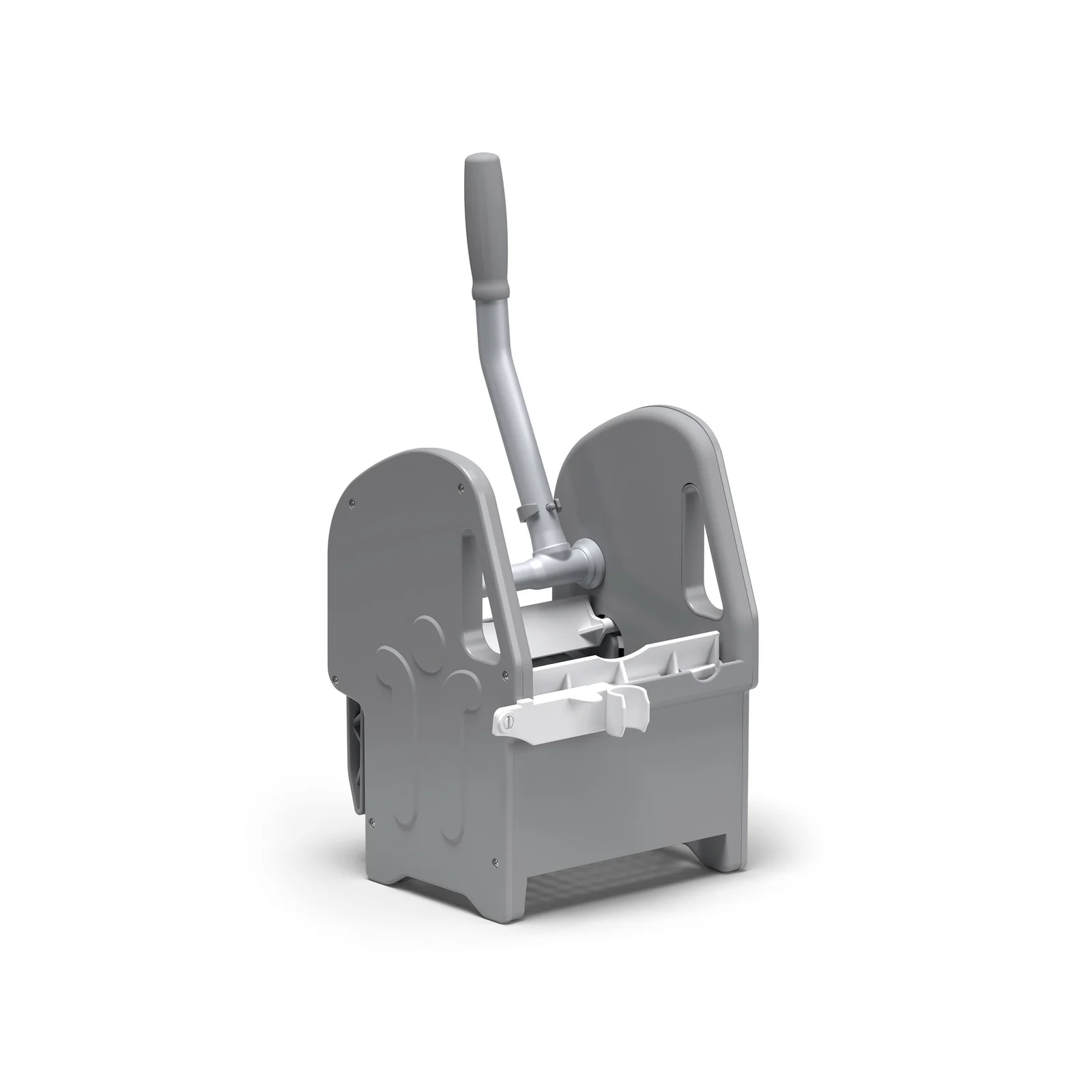 Graue Bodenreinigungsmaschine mit Hebel und zwei seitlichen Schutzabdeckungen.