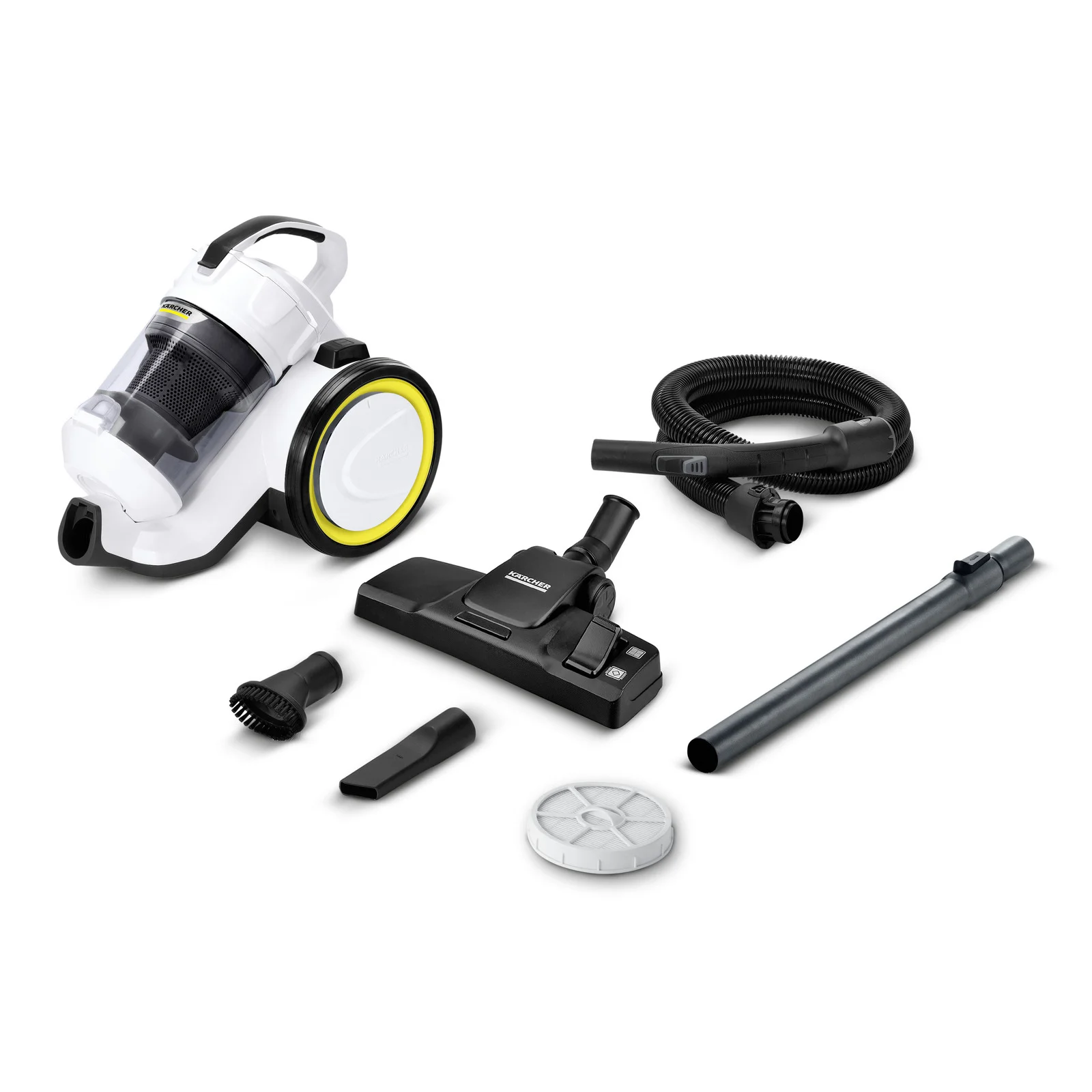 Kärcher Staubsauger mit Zubehör: Bodendüse, Saugrohr, Schlauch, Bürste, Fugendüse und Filter auf weißem Hintergrund.