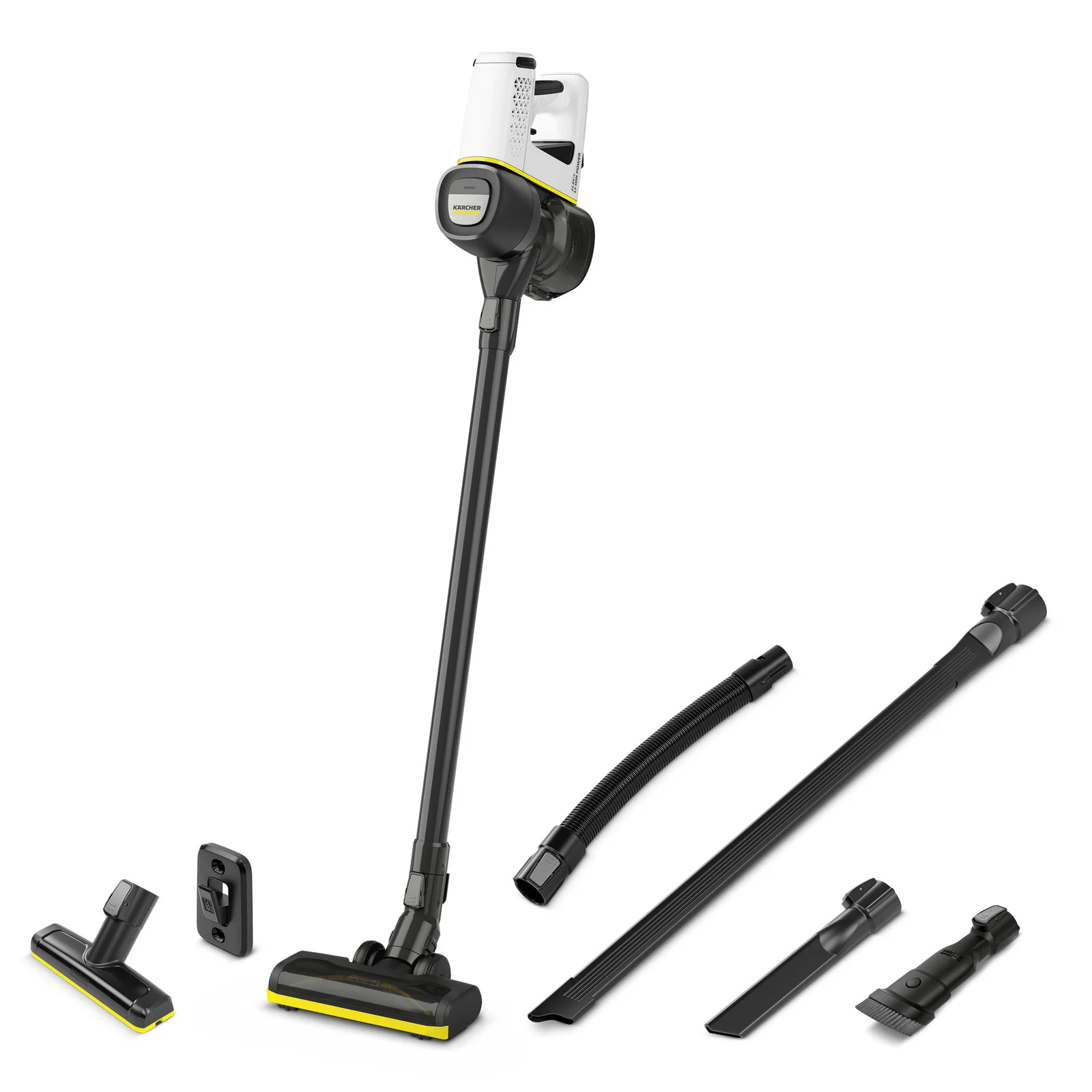 Kärcher Akku-Staubsauger mit Zubehör: Bodendüse, Fugendüse, Bürstendüse, Verlängerungsrohr und Wandhalterung.