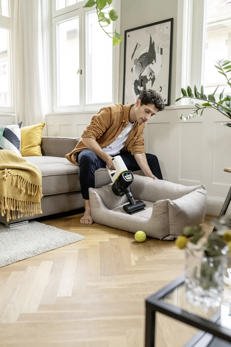 Person reinigt Hundebett mit Kärcher Handstaubsauger in modernem Wohnzimmer, Holzboden, Sofa mit Kissen, gelber Ball auf Boden.