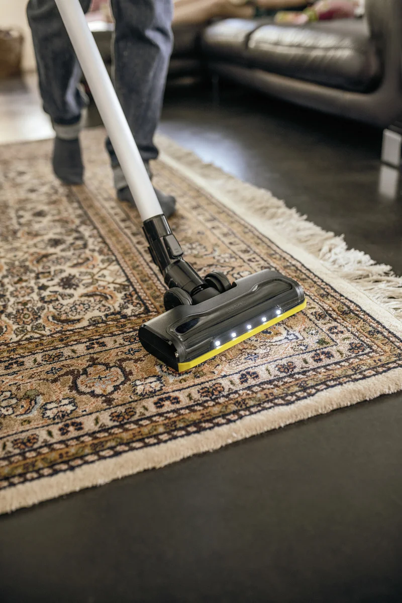Person reinigt Teppich mit Kärcher Staubsauger in Wohnzimmer. Teppich hat florales Muster, Sofa im Hintergrund.