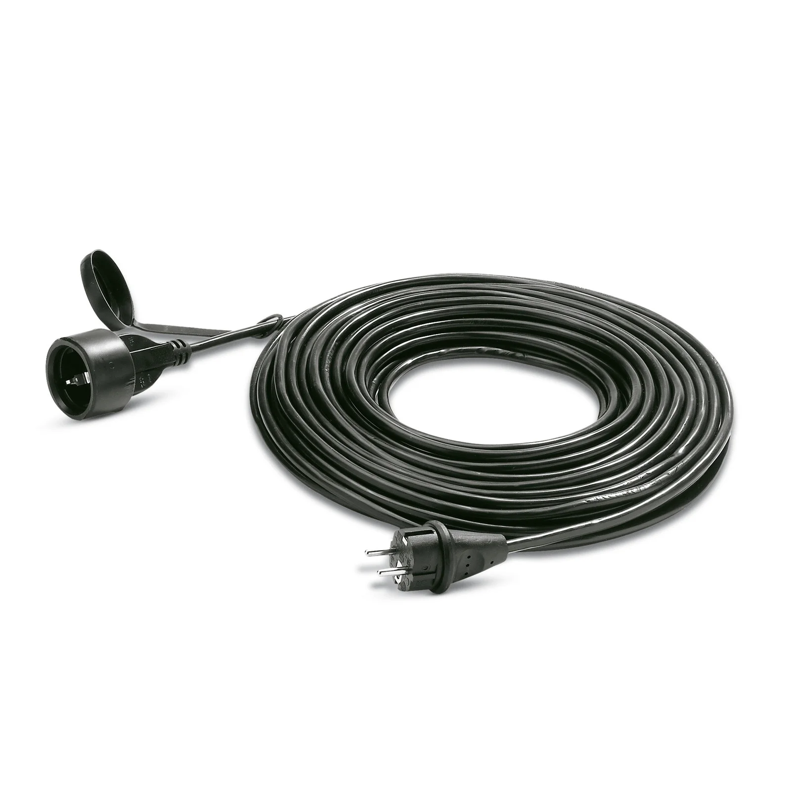 Schwarzes Verlängerungskabel mit Stecker und Buchse, aufgerollt auf weißem Hintergrund.