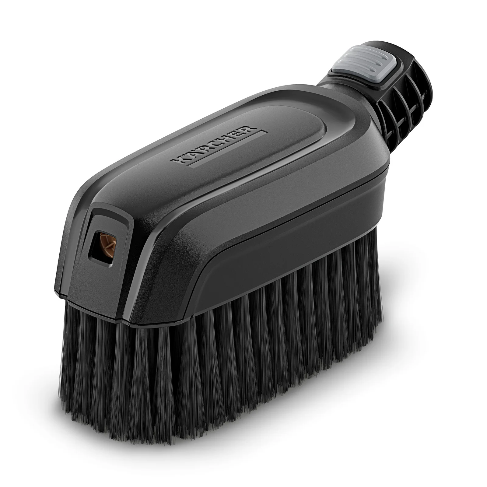 Schwarze Kärcher Waschbürste mit Borsten und ergonomischem Griff, Nahaufnahme.