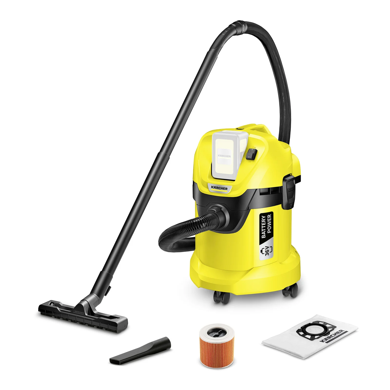 Gelber Kärcher Nass-Trockensauger mit Zubehör: Bodendüse, Fugendüse, Filter und Staubbeutel. Akku-betrieben, auf Rollen.