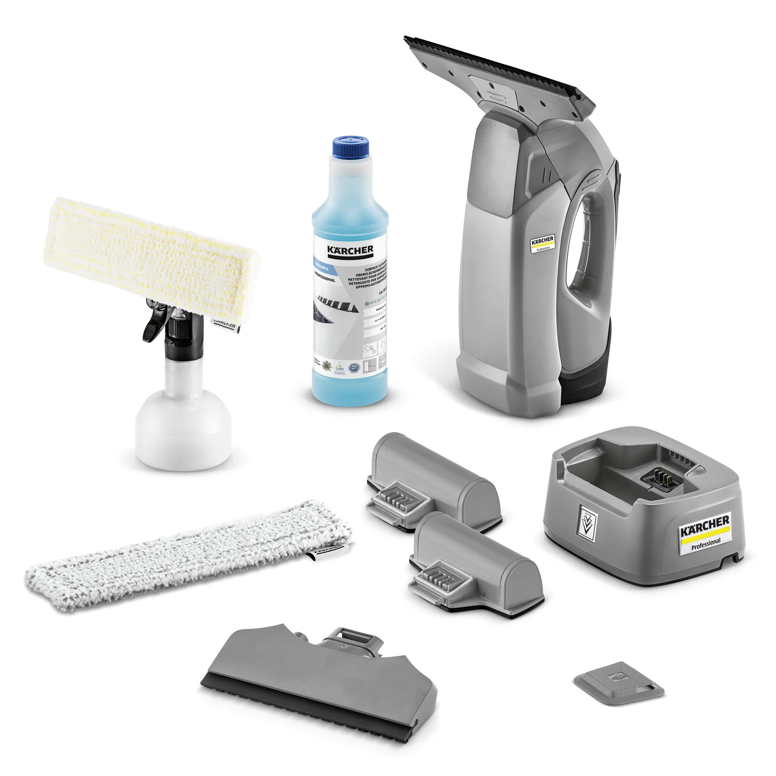 Kärcher Fenstersauger-Set mit Zubehör: Sprühflasche, Reinigungsmittel, Ladegerät, zwei Düsenaufsätze, Wischbezug und Abzieher.