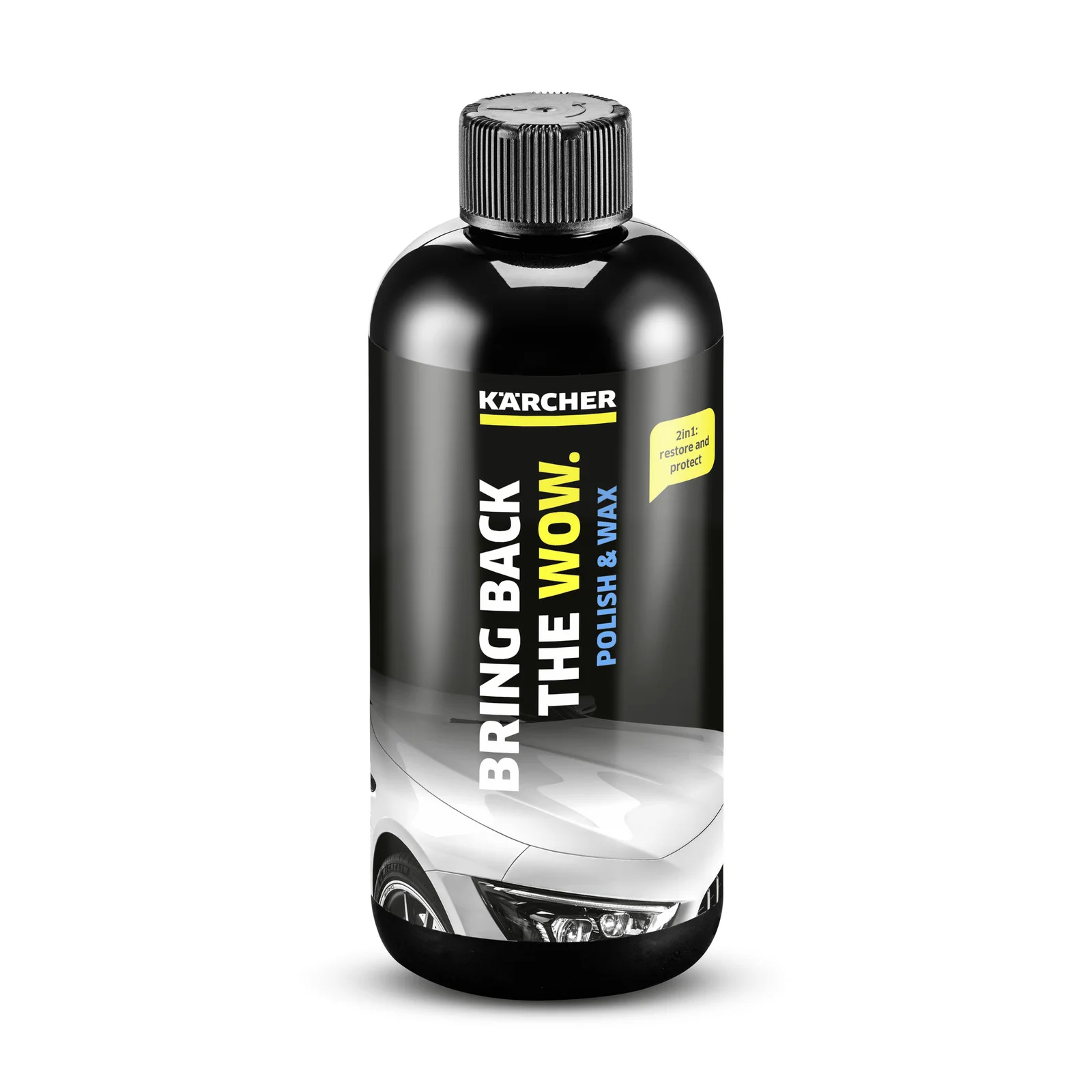 Schwarze Flasche mit Kärcher-Logo, Aufschrift "Bring Back The Wow. Polish & Wax", darunter Bild eines Autos.