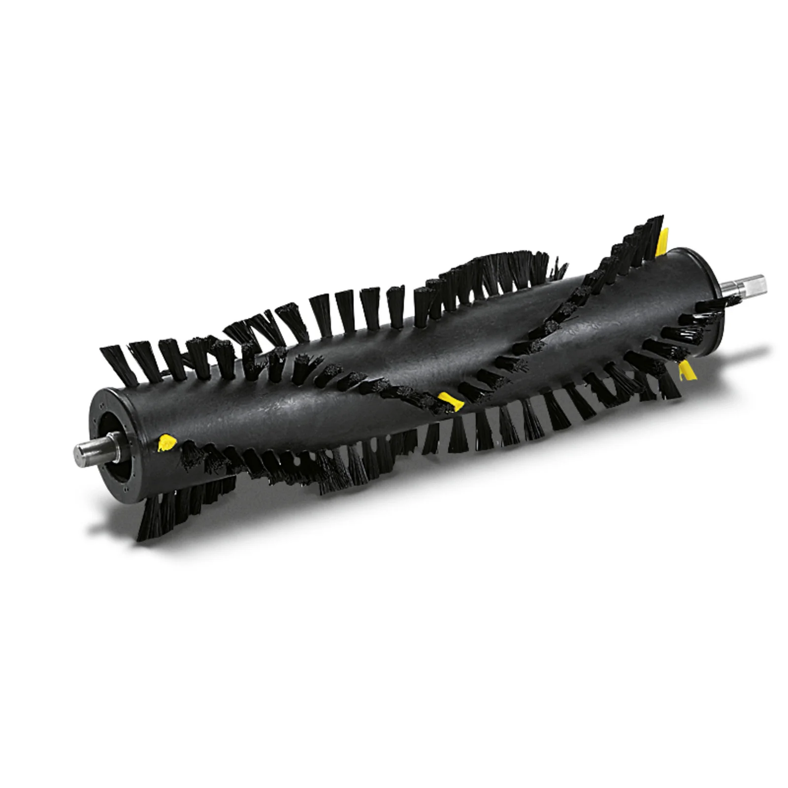 Schwarze Walzenbürste mit gelben Borstenmarkierungen, horizontal liegend auf weißem Hintergrund.