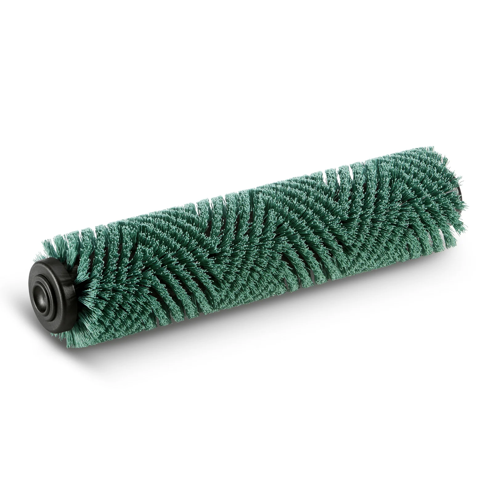 Grüne Walzenbürste mit schwarzen Endkappen, Borsten spiralförmig angeordnet.