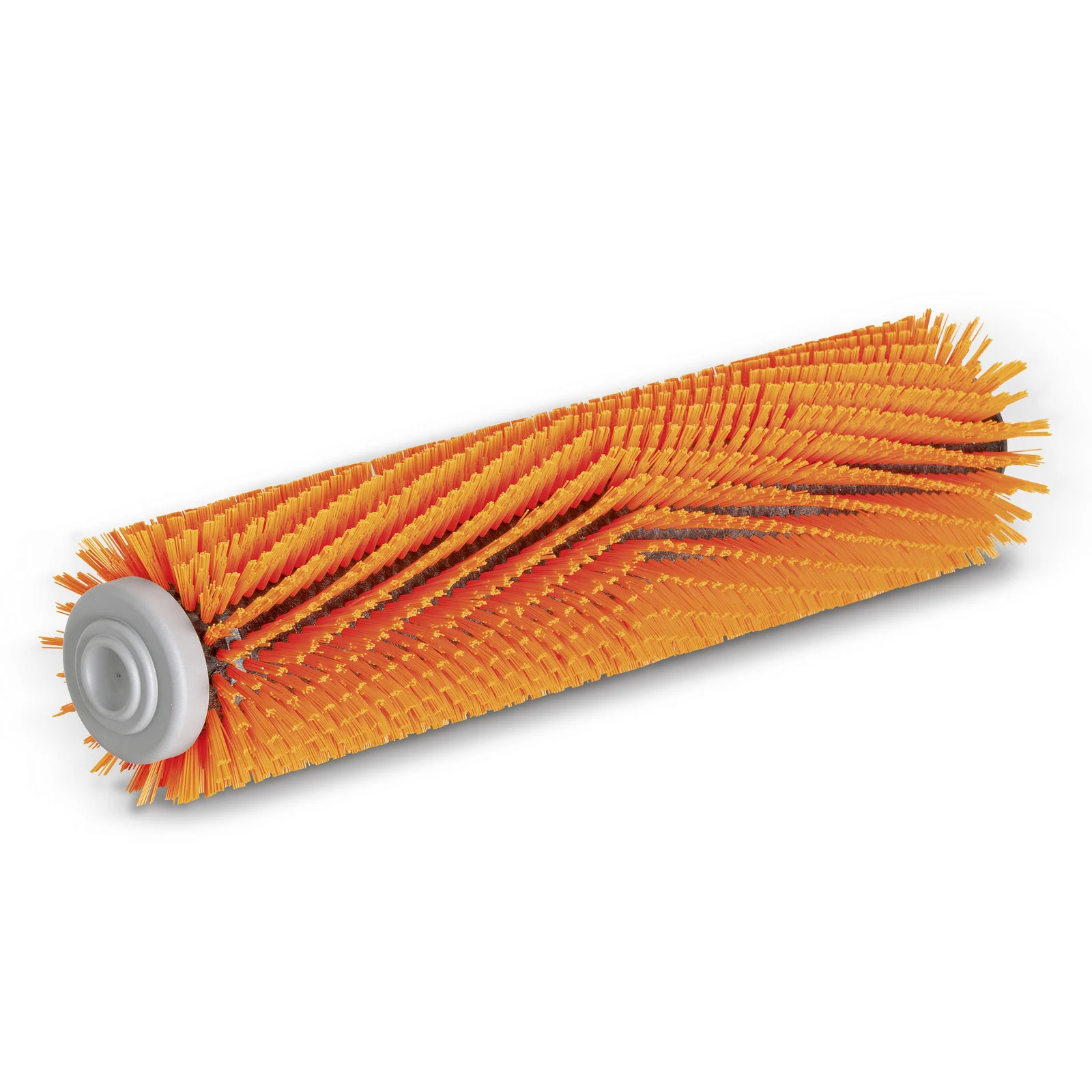 Orange Walzenbürste mit grauen Endkappen, Borsten in diagonalen Reihen angeordnet.