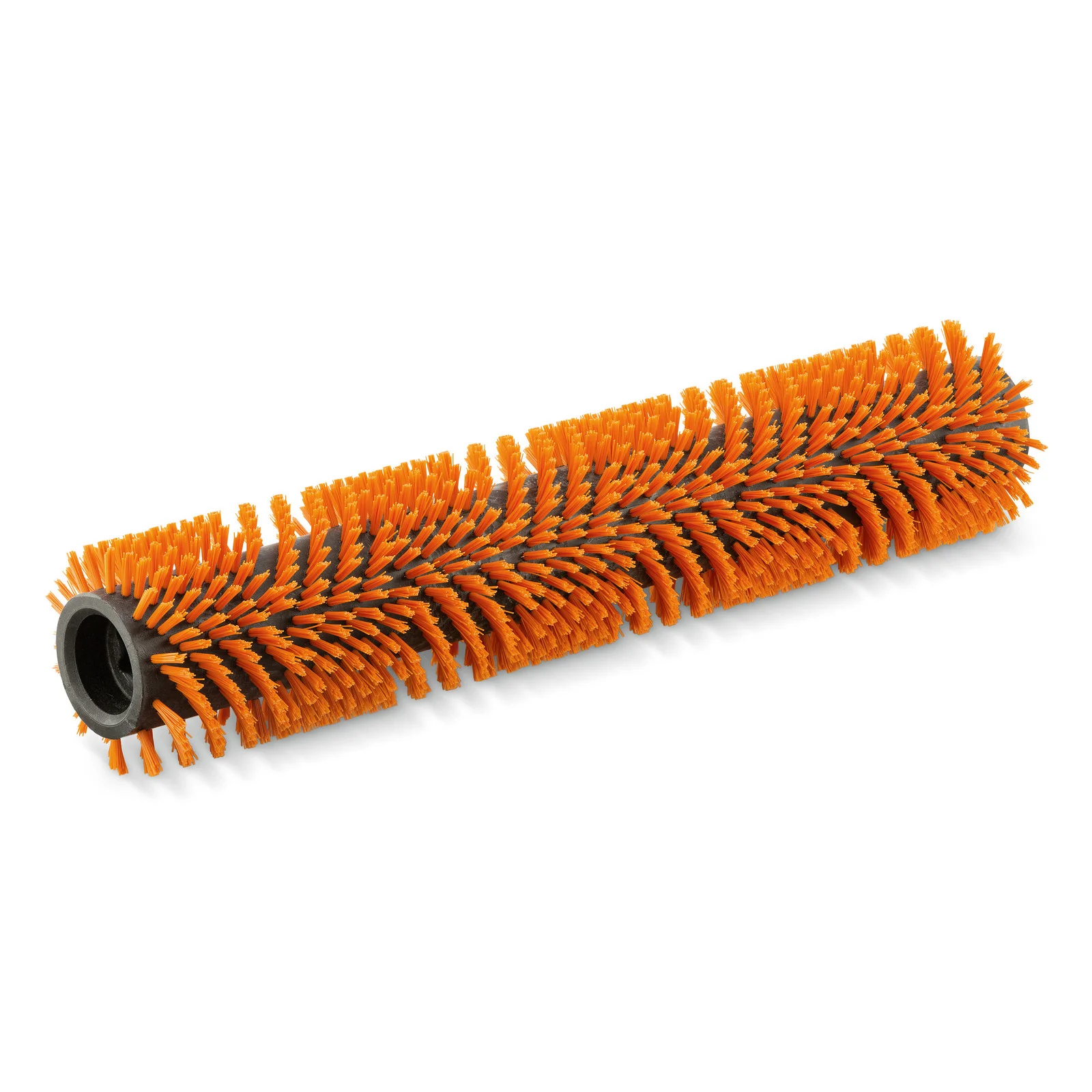 Orange Bürstenwalze mit schwarzen Kern, Borsten spiralförmig angeordnet, auf weißem Hintergrund.