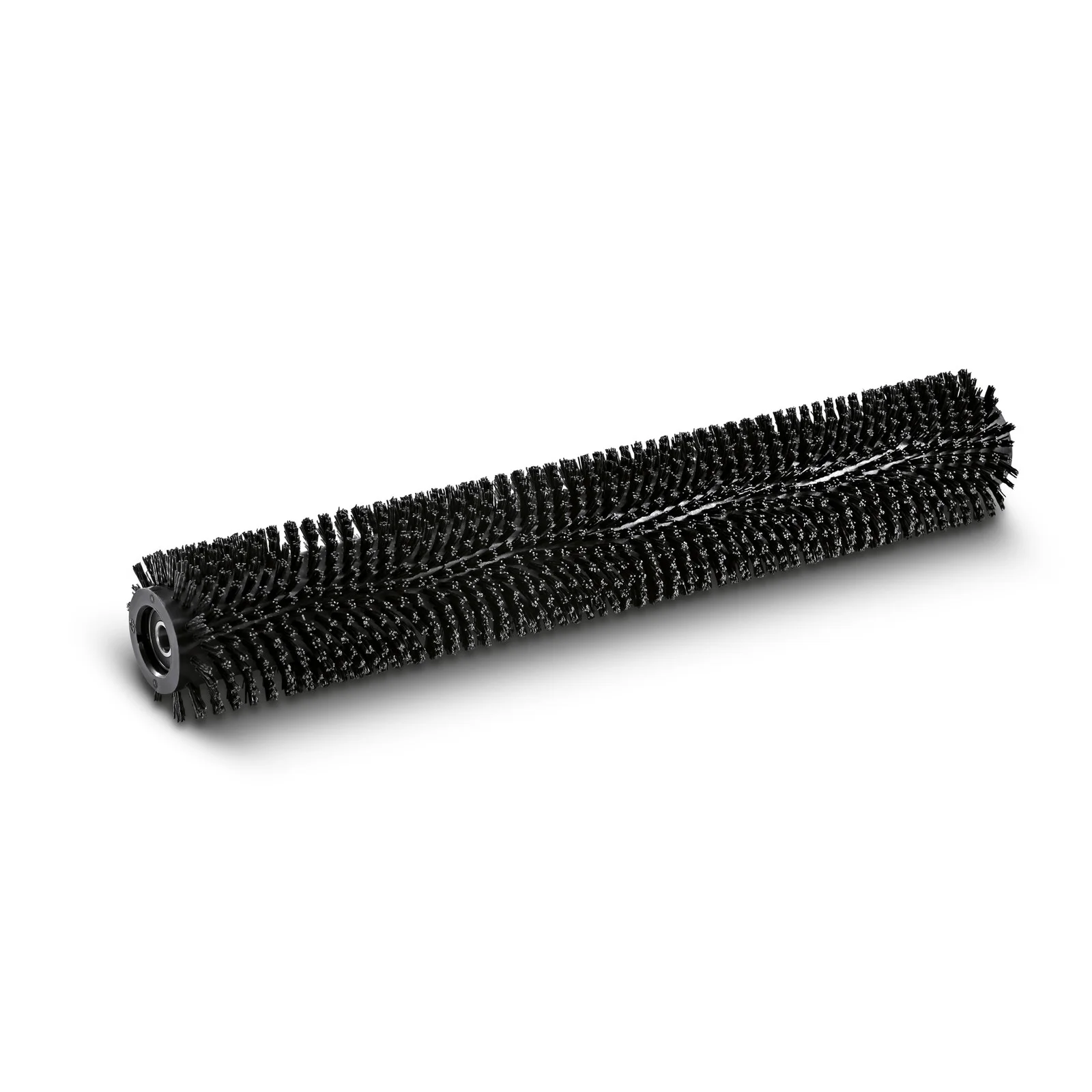 Schwarze Walzenbürste mit Borsten, zylindrische Form, auf weißem Hintergrund liegend.