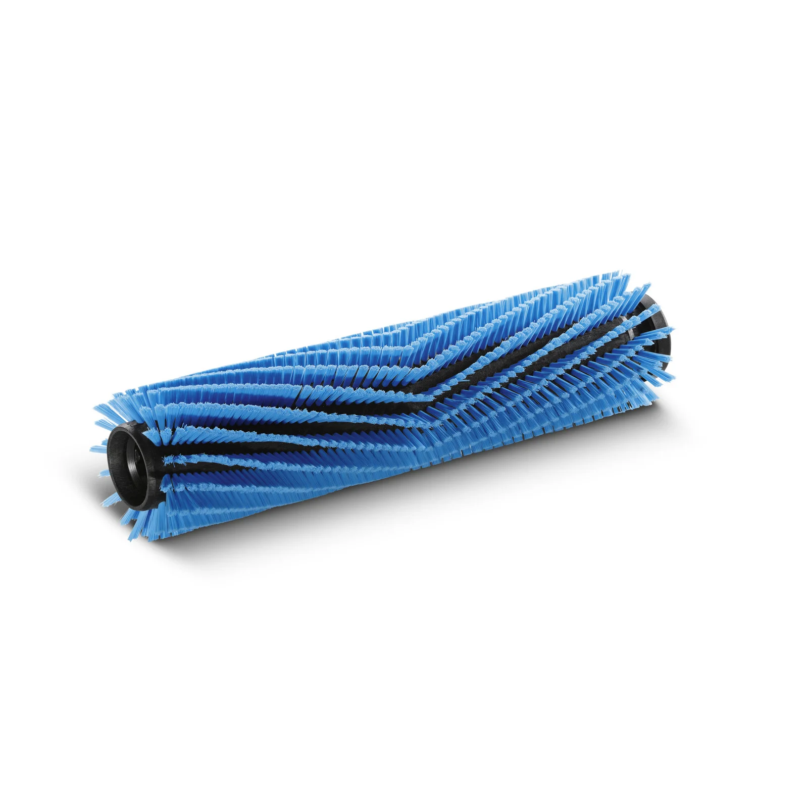Blaue Walzenbürste mit schwarzen Streifen, liegend auf weißem Hintergrund.