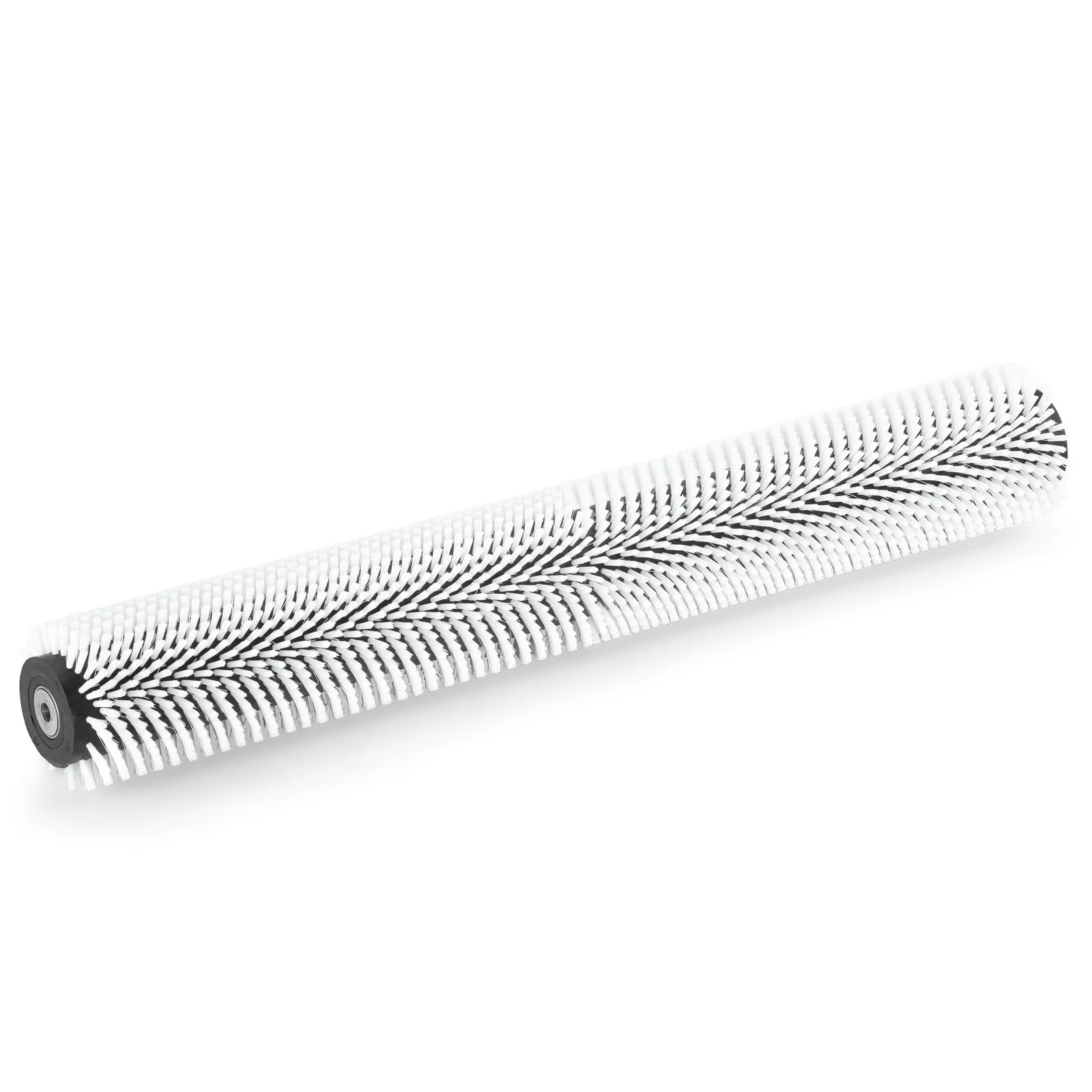 Weiße Bürstenrolle mit schwarzen Borstenstreifen, zylindrische Form, auf weißem Hintergrund.