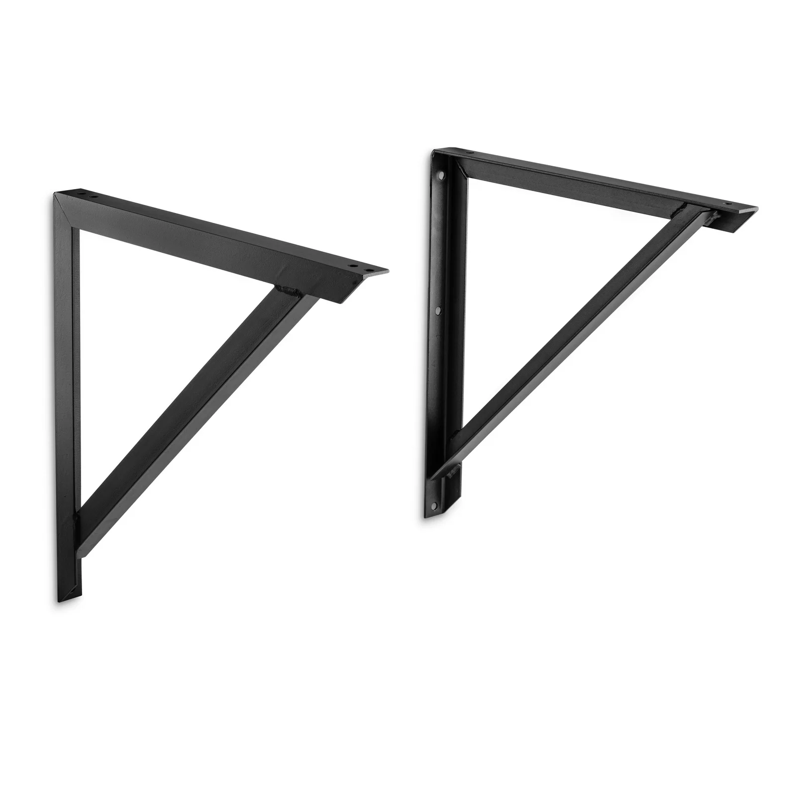 Zwei schwarze Metallwinkel mit dreieckiger Form, geeignet zur Wandmontage.