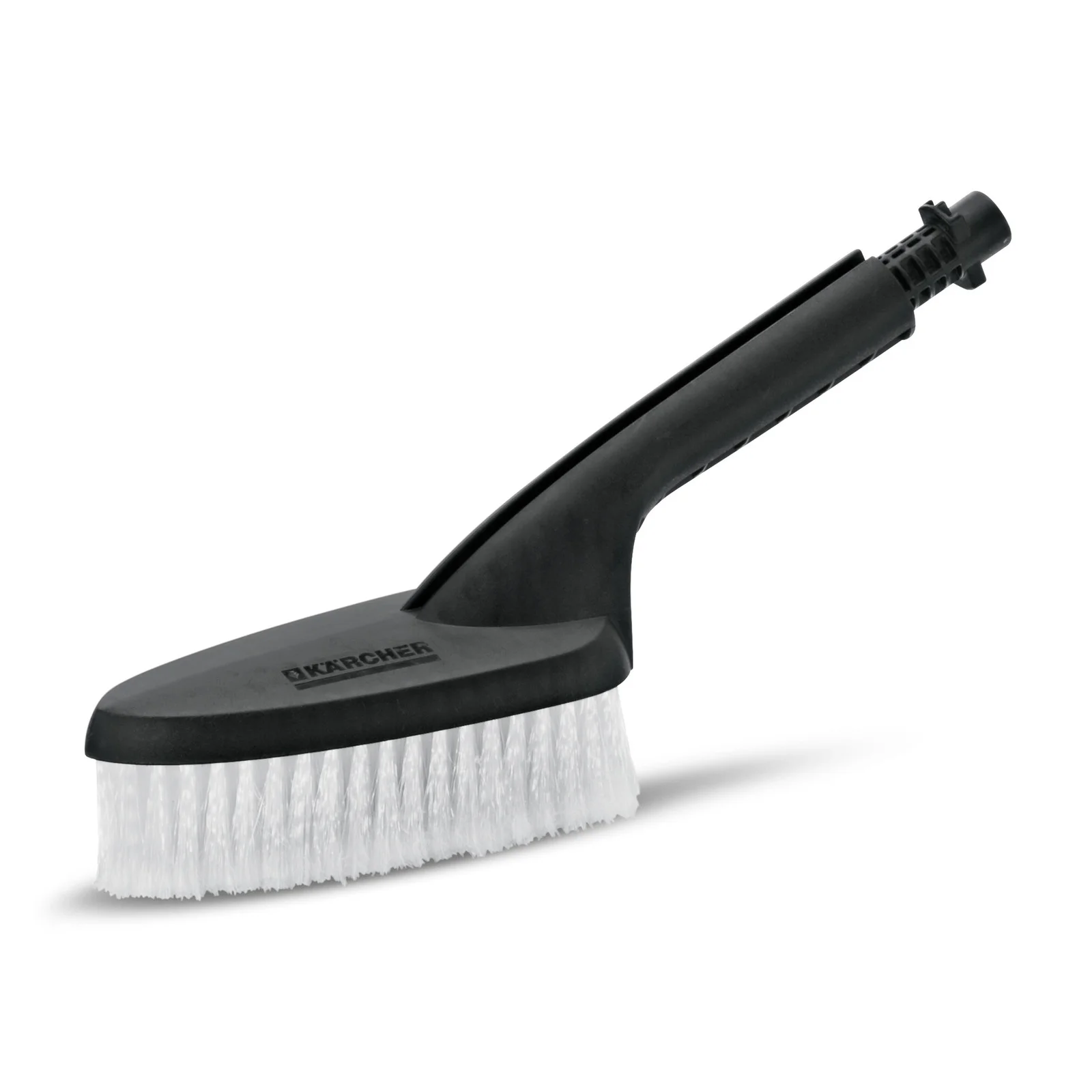 Schwarze Kärcher Waschbürste mit weißen Borsten und ergonomischem Griff, auf weißem Hintergrund.