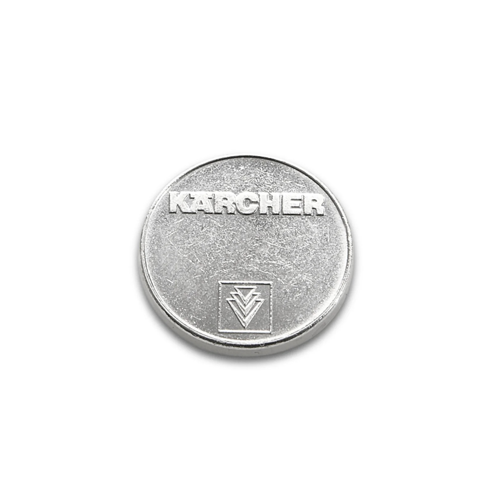 Silberne runde Münze mit dem Schriftzug "Kärcher" und einem darunter liegenden Logo.