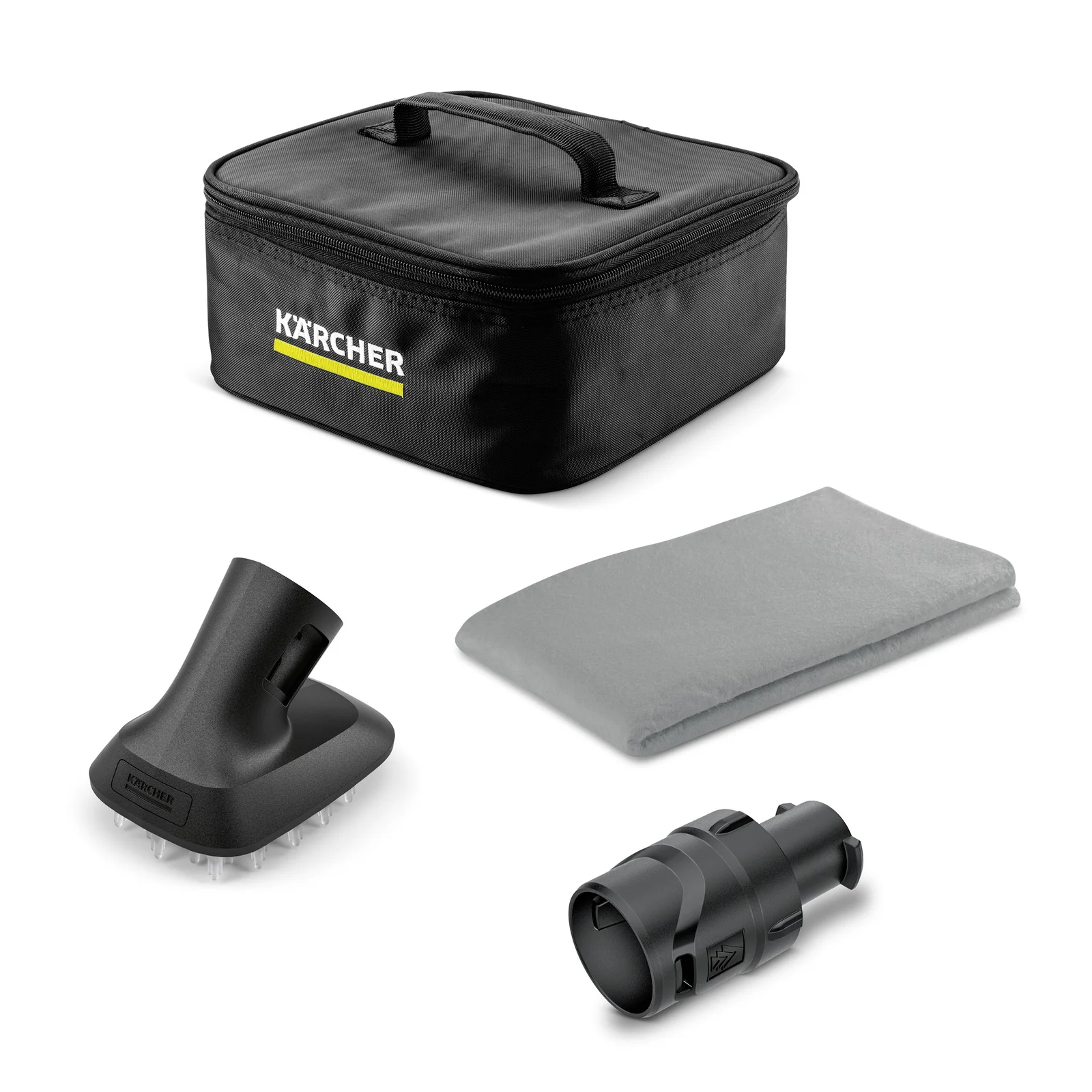 Kärcher Zubehörset mit schwarzer Tasche, grauem Tuch, Bürstenaufsatz und Adapter.
