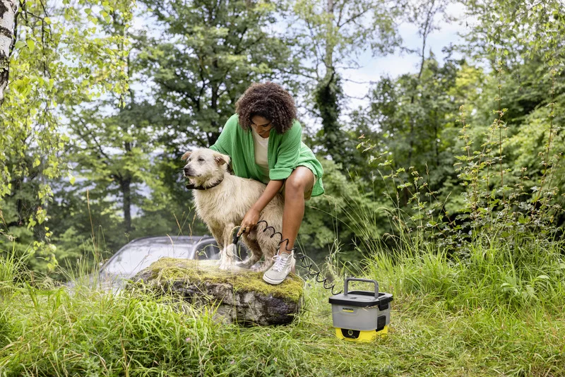 Frau reinigt Hund mit Kärcher tragbarem Reiniger im Wald. Hund steht auf einem Felsen, umgeben von grüner Vegetation. Auto im Hintergrund.