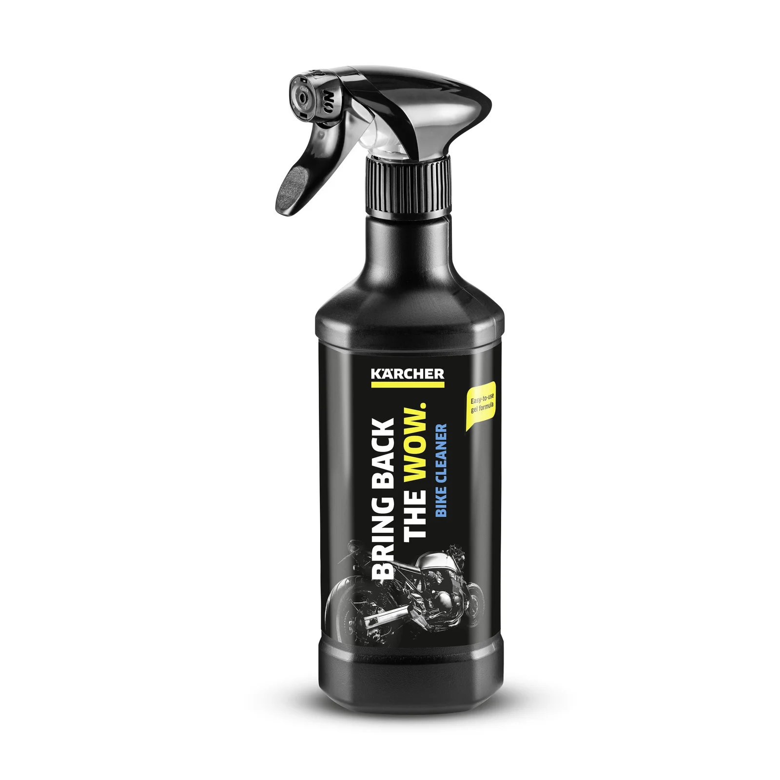 Schwarze Sprühflasche des Kärcher Bike Cleaner mit gelbem und blauem Text "Bring Back the Wow" auf weißem Hintergrund.