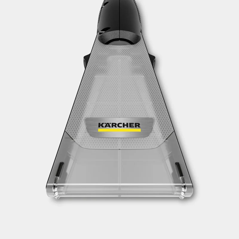 Kärcher Fensterreiniger mit transparentem Kopf und schwarzem Griff auf grauem Hintergrund.